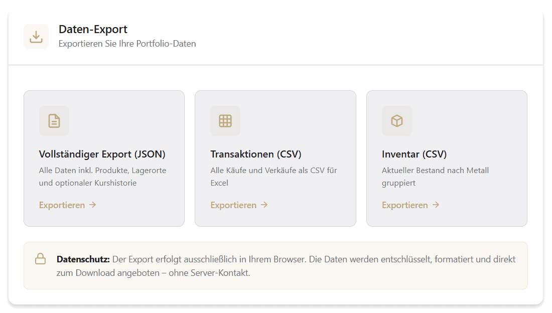 Zeigt die Exportfunktion der Gold Tracker App